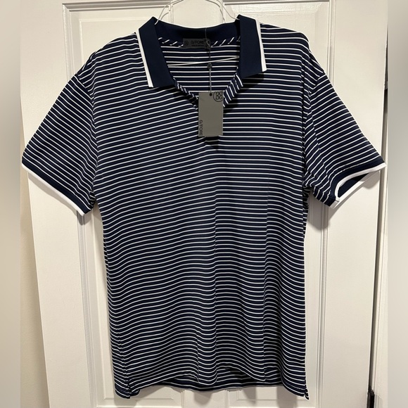 Mens XL G/FORE Navy Blue & White Stripe Short Sleeve Polo NWT - Picture 1 of 6
